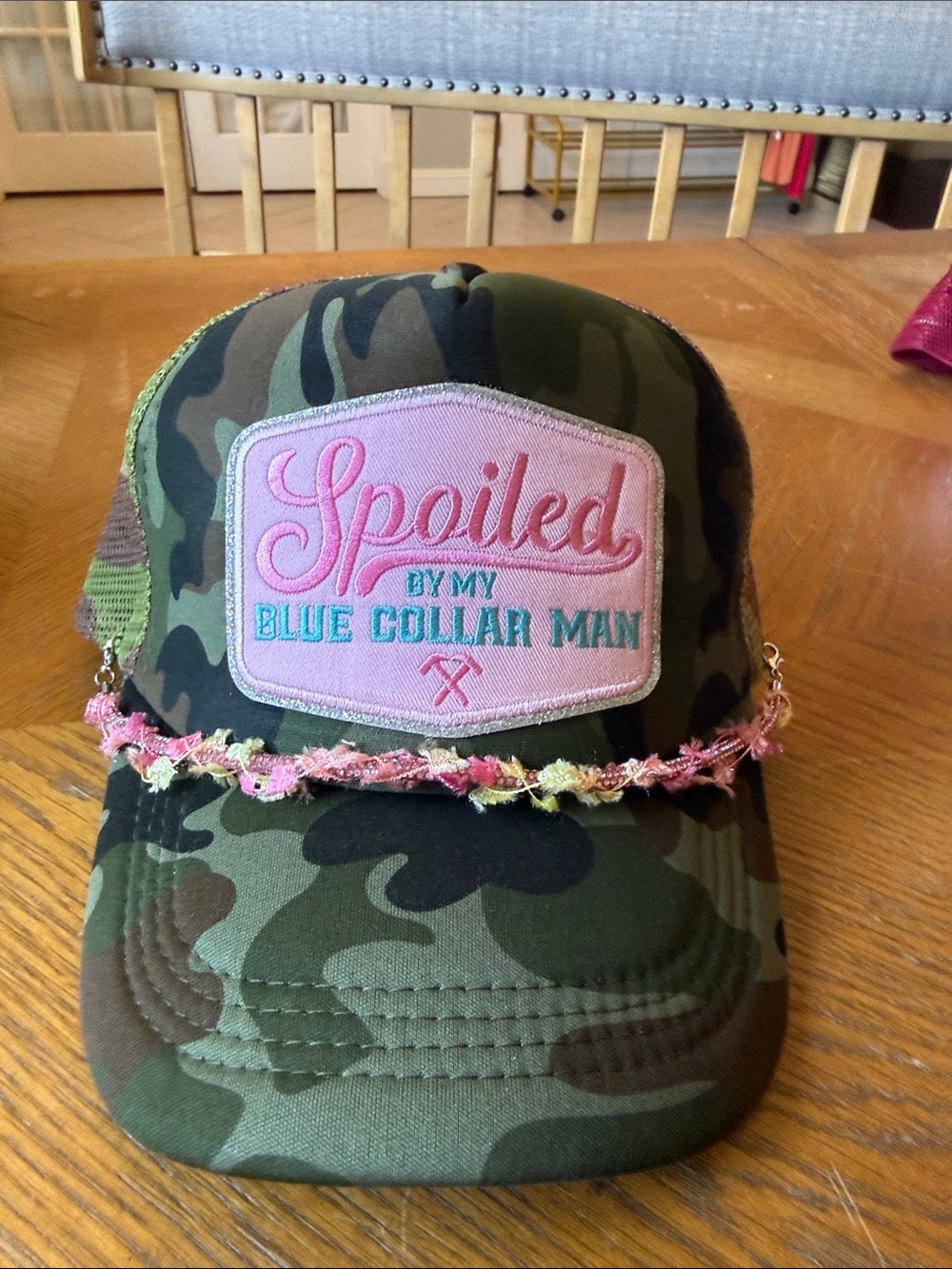 Women’s Camo Trucker Hat with Pink Patch - "Spoiled by My Blue Collar Man"